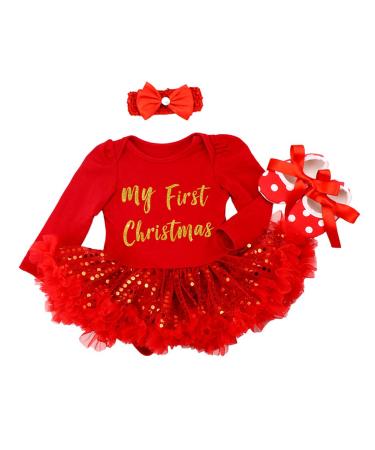 IBTOM CASTLE Baby Girls My 1st Christmas Costume Santa Claus Polka Dots Romper Dress W/Headband Bodysuit Ruffle Tutu Skirt for Newborn Infant Toddler Princess Xmas Fancy Dress Up Party Outfit Set 6-12 Months 3PCS Red My 1st Christmas