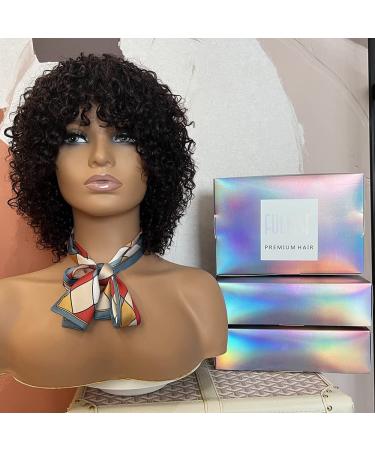 FULEISI 100% Human Hair Short Kinky Curly Wig with Bangs for Black Women - Machine Made Glueless Pixie Cut Afro Curly Brazilian Virgin Hair - Natural Black Color 12 - Buy Online on GoSupps.com