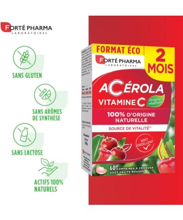 Fort Pharma - Acerola | Natural Vitamin C Chewable - Vitality Food Supplement | 60 Chewable Tablets - Delicious Red Fruit Fl - Buy Online on GoSupps.com