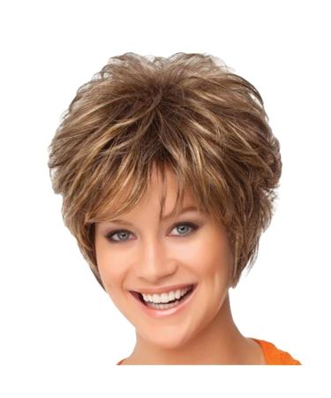 Jier wigs women short curly hair hairstyle real hair wig short hair wig with bangs natural real hair short light curly brown wigs brown mixed blonde size