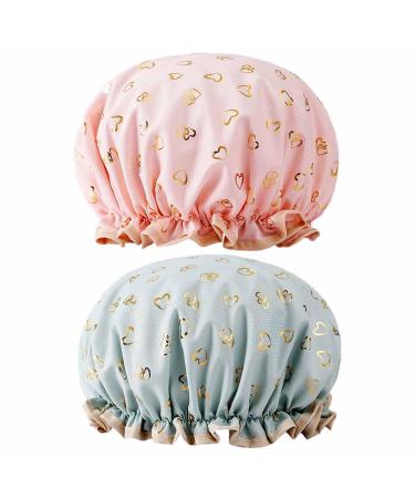 Yiapinn 2 Pcs Bath Caps Elastic Band Double Layers Waterproof Shower Caps With Ruffled Edge Covering Ears Keeping Hair Dry Kitchen Oil-proof Cap for Girls and Women Heart