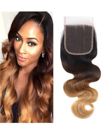 Lace Closure Body Wave Ombre Blonde Hair Closure 4x4 Swiss Lace Free Part Honey Blond 100% Real Human Hair Closure Remy Virgin Hair Soft 1b/4/27 Closure 12 Inch