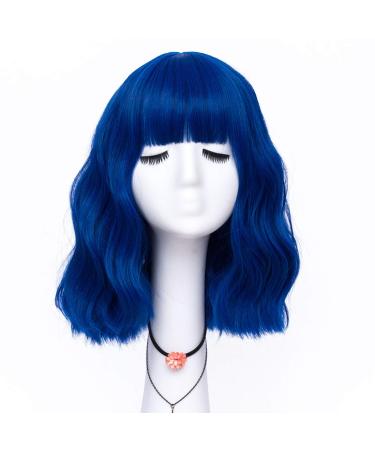 LABEAUT  Blue Wig Short Bob Wavy Wig with Air Bangs for Women  Heat Resistance Shoulder Length Curled Wigs for Daily Use  Cosplay and Theme Parties- 14inch  Royal Blue