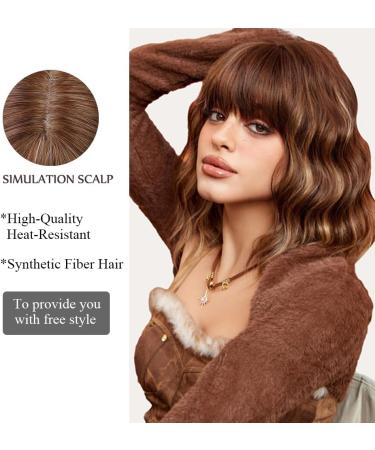 OUFEI Brown Mixed Blonde Wigs for Women Short Wavy Wig With Bangs Natural Synthetic Hair Heat Resistant Wigs for Daily Party Cosplay Wear - Buy Online on GoSupps.com