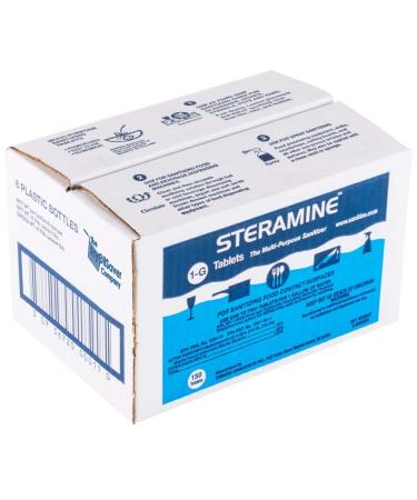 6 x Steramine Quaternary Sanitizing Tablets, Sanitizing Food Contact Surfaces, Kills E-Coli HIV Listeria, Model 1-G, 150 Sanitizer Tablets per Bottle, Blue, Pack of 6 Bottles 150 Count (Pack of 6)