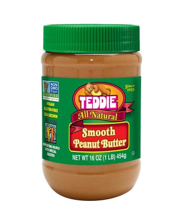 Teddie All Natural Peanut Butter, Smooth, Gluten Free & Vegan, 16 Ounce Plastic Jar (Smooth, Pack of 6) Smooth 16 Ounce (Pack of 6)