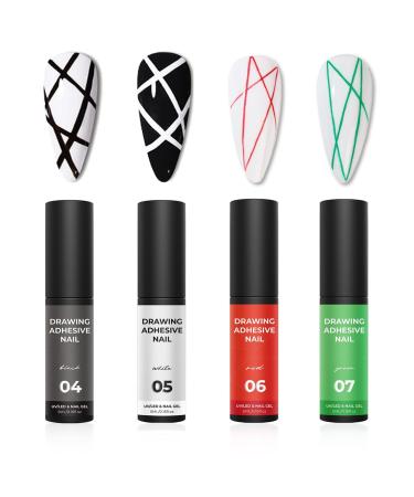 Gel Nail Polish Set 4 Color Metallic Painted Gel Polish White Black Red Green Liner Gel Nail Polish for Nail Art DIY UV/LED Soak Off Spring French Manicure Set with Thin Brush