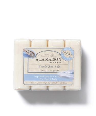 A La Maison Fresh Sea Salt Bar Soap 3.5 oz. | 4 Bars Triple French Milled All Natural Soap | Moisturizing and Hydrating For Men, Women, Face and Body 3.5 Ounce