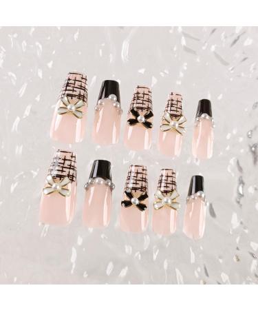 French Tip Press on Nails - Long T Press On Nails with Nail Tips Bowknot Diamond Chain Design Black and white line checkered false nails press on nails Acrylic False Nails Cute Artificial Nails - Buy Online on GoSupps.com
