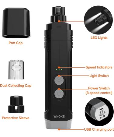 Wnoke Dog Nail Grinder Set for Small, Medium, and Large Dogs | Low-Noise Pet Nail Trimmer with LED Light and Clippers | Rechargeable Cordless Design | Black - Buy Online on GoSupps.com