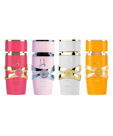 Lattafa 4 Piece Set Eau De Parfum Spray for Women (3.4 Ounce Yara + 3.4 Ounce Yara Moi + 3.4 Ounce Yara Tous + 3.4 Ounce Yara Candy) Yara Set 3.4 Fl Oz (Pack of 4)