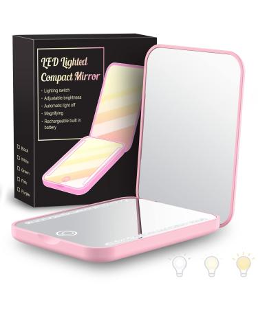 Gospire Mini Rechargeable Travel Makeup Mirror with Lights and Magnification 1X / 3X, LED Compact Mirror with 3 Light Colors & Adjustable Brightness, Small Vanity Mirror Handheld for Purses  Pink