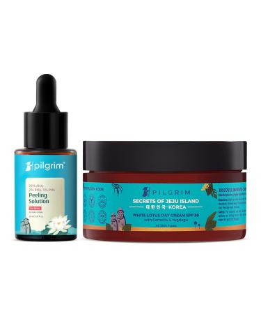 Pilgrim Radiant & Detan Combo | 25% AHA Peeling Solution (30ml) & Korean White Lotus Day Cream SPF 50 (50g) | Exfoliates Improves Texture & Reduces Tan