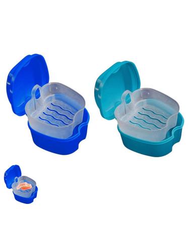 2 Pack Denture Bath Case Dental False Teeth Container Retainer case Denture Cup Soaking Holder False Teeth Container Mouth Guard Brace Denture Bath(Dark Blue Light Blue)