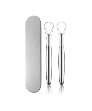 MEOOAWQI Metal handle Tongue Scraper (2-pack) Cure Bad Breath (Non-Medical Grade) Stainless Steel Tongue Cleaners 100% BPA Free Metal Tongue Scrapers for Fresher Breath in Seconds Metallic
