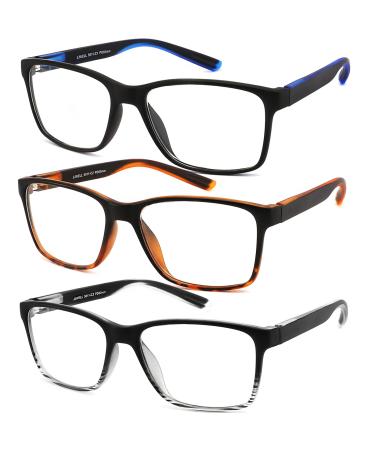 JJWELL 3 Pack Reading Glasses for Men Blue Light Blocking with Spring Hinge Anti Eyestrain/Dryness/UV Large Wide Square Readers for Men Two Tone Computer Reader Glasses Eyeglass(1.5 Strength) 3 Mixed Color(blue White Orange) 1.5x