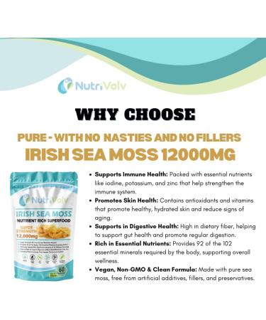 Nutrivolv Irish Sea Moss 12000mg - High Strength Vegan Capsules - Supports Immune System Skin & Digestive Health - 60 Capsules - Sea Moss Supplement for Energy Detox & Overall Wellness - Buy Online on GoSupps.com