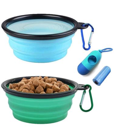 AGECASH A Collapsible Dog Bowls, Portable Travel Dog Bowls, Expandable for Cat Dog Water Bowls Food Feeding, 2 Pack Silicone Pet Bowls with Waste Bag Dispenser Small Light Blue and Light Green