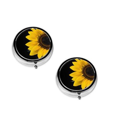 (Wild Sunflower) Round Pill Box 3 Compartment Pill Box Mini Decorative Pocket Purse Portable Travel Medicine Tablet Vitamin Holder Organizer Pill Case