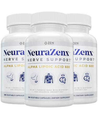 Zen Nutrients - Neurazenx - Nerve Support & Peripheral Neuropathy Support Supplement, with 1200mg Alpha Lipoic Acid (ALA), Benfotiamine, L-Carnitine, and Turmeric, Non-GMO, 360 Count, Bundle of 3 120 Count (Pack of 3)