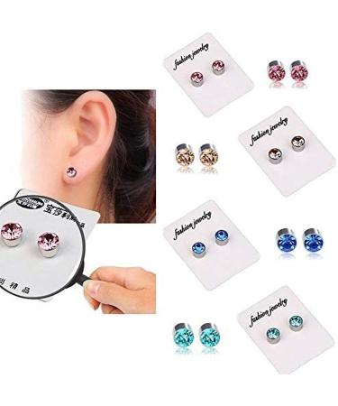 Non Piercing Magnetic Earrings Weight Loss Crystal Healthy Stimulating Acupoints Stud Therapy Weight Control Earing Suitable for Party Gym and Sport(4 Pairs Colors in 1 Set: Champagne Pink Royal Blue Lake Blue)