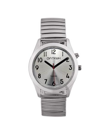 QIATKWH German speaking watch silver shell silver adjustable length stainless steel telescopic strap ladies style