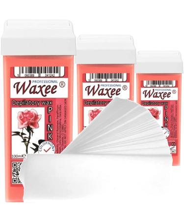 3pcs of 100ml roll on roller wax cartridge and 50 waxing strips Waxee (Wide roller (legs & body) Pink (with Titanium dioxide)) - Buy Online on GoSupps.com