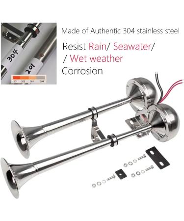 12V Marine Boat Trumpet Horns - Polished Stainless Steel, Low and High Tone, Adjustable Support - Dual Trumpet Set - Buy Online on GoSupps.com