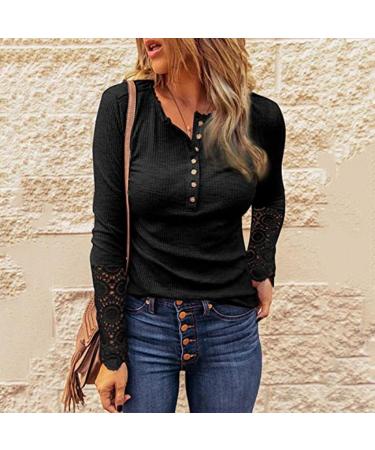 Trendy Ribbed Knit Long Sleeve Henley Tunic Top for Women - V-Neck Button Blouse Tee in Medium Black - Buy Online on GoSupps.com