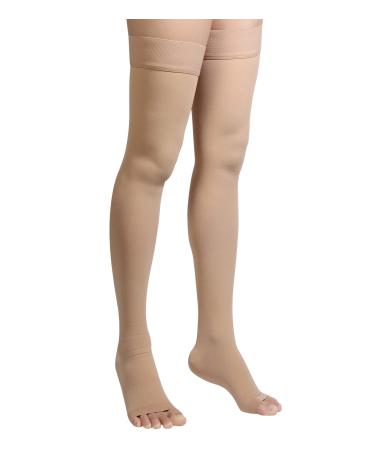 Thigh High Compression Stockings Open Toe Pair Firm Support 20-30mmHg Gradient Compression Socks with Silicone Band Unisex Opaque Best for Spider & Varicose Veins Edema Swelling Beige L Large Beige