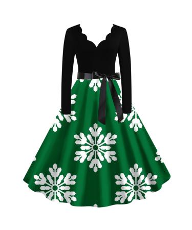Yihaojia Christmas Dresses for Women Elegant V Neck Graphic Cocktail Party Swing Dresses Long Sleeve A Line Fall Dress Army Green#63 X-Large