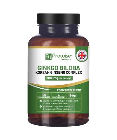 Ginkgo Biloba and Korean Ginseng Tablets 8000mg 180 Vegan Tablets | Ginkgo 6000mg & Korean Ginseng Root 2000mg Supports Cognitive Function & Mental Performance | UK Manufactured by Prowise Healthcare - Buy Online on GoSupps.com