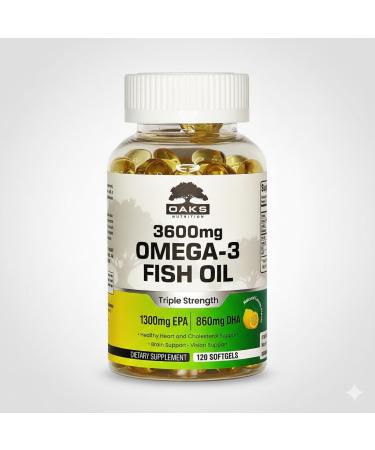 Oaks Nutrition Omega 3 Fish Oil 3600mg | Triple Strength Burpless Softgels | 2160mg Omega-3s with 1300mg EPA & 860mg DHA | Ultra Purified Wild Caught Lemon Flavor 120 Softgels 60 Day Supply