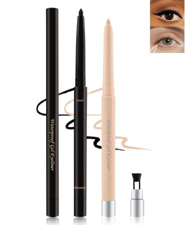 Black+Nude Waterline Eyeliner Pencil Cream Gel Eye Liner Pencils for Older Women Waterproof Smudge-Proof Long Wear Retractable Eyeliner Pen with Sharpener Water Line Eyeliner for Sensitive Eyes-2Pcs 01# Black+n003