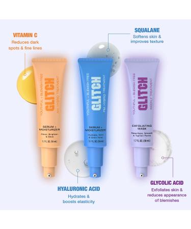 GLITCH Blemish Free & Anti-Aging 3-Step Skincare Regimen for Youthful Skin - AM & PM Treatments with Exfoliating Mask - 1.7 fl oz x 3 - Buy Online on GoSupps.com