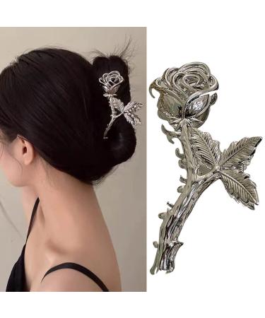 Silver Hair Clips Large Rose Shape Hair Claw Clip Metal Hair Jaw Clamps French Nonslip Hair Catch Clip Gold Hairpin Hair Accessories for Thin Hair Thick Hair Lady Barrette