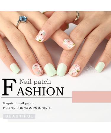 Aksod Green Flower Print Short Press on Nails - 24Pcs (Style A) - Buy Online on GoSupps.com