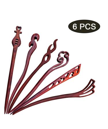 Vintage Chinese Hairpins - 6 Wooden Hair Clips Stylish Hair Sticks for Women & Girls - Red - Buy Online on GoSupps.com