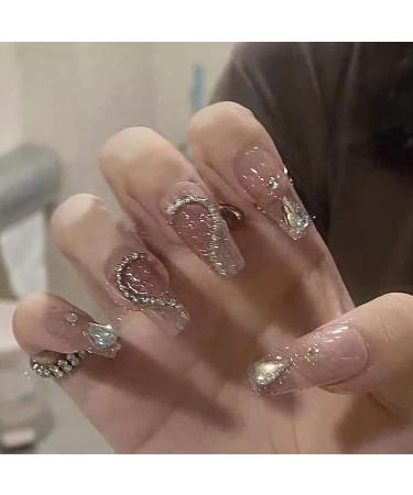 24Pcs Coffin Shape Press on Nails with Rhinestone French Designs - Medium Length Fake False Nails Ballet Nail Kit for Women and Girls - Buy Online on GoSupps.com