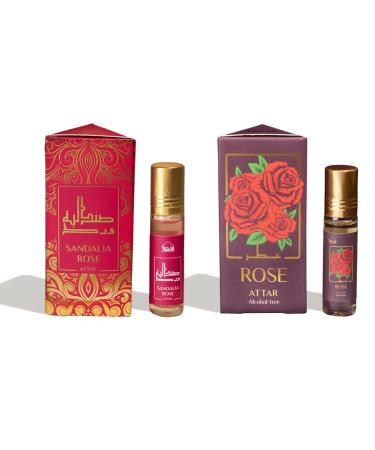 Sandalia Rose & Rose Attar Oil by | Long Lasting Arabic Perfume Oils for Men and Women | Rose Attar Chandan Itra Original | 100% Pure 2 x 6ml Ittar Roll On Perfume Non alcoholic itra for puja