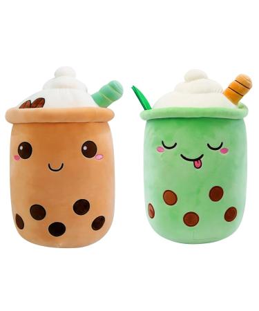 SPIRTUDE 2Pcs Boba Plush Matcha Milk Tea Plushie Stuffed Bubble Tea Plushies Squishy Pillow Soft Toy for Kids Girls and Boys 24cm (Green+brown Ice cream 9.4"/24cm) 9.4"/24cm Green+brown Ice Cream