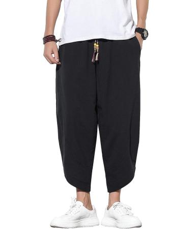 DOSLAVIDA Men's Casual Elastic Waist Linen Capri Pants Wide Leg Harem Yoga Trousers - Solid Black, Medium - Buy Online on GoSupps.com