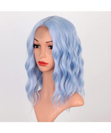 Stamped Glorious Light Blue Short Wavy Wigs for Women Blue Curly Wig for Girl Middle Part Bob Blue Wig Synthetic Wavy Wig Cosplay Party Use