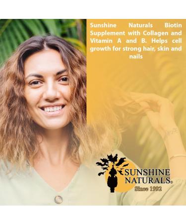 Sunshine Naturals Biotin Dietary Supplement. Supports Healthier Skin Thicker Stronger and Faster Hair and Nail Growth. Enriched with Collagen Vitamin A and B for Hair Loss. 5000 mcg. 90 Capsules. 1 - Buy Online on GoSupps.com