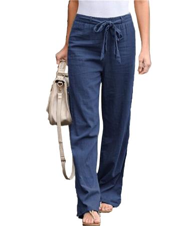 LAJIOJIO Linen Pants for Women Lightweight Casual Drawstring Elastic Waist Wide Leg Trousers with Pockets All Dblue Small