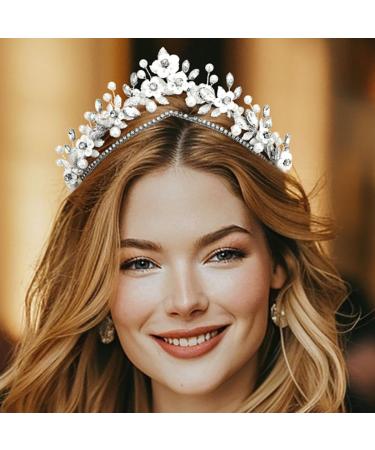 Zoestar Flower Wedding Tiaras and Crowns Silver Rhinestone Tiara Headband Pearl Leaf Princess Headwear Bridal Hair Accessories for Women - Buy Online on GoSupps.com