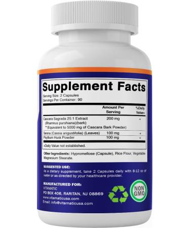 Vitamatic Cascara Sagrada Made with Senna & Psyllium Husk - 180 Veg Capsules - Concentrated 25X Potency - All Natural - Non-GMO - Buy Online on GoSupps.com