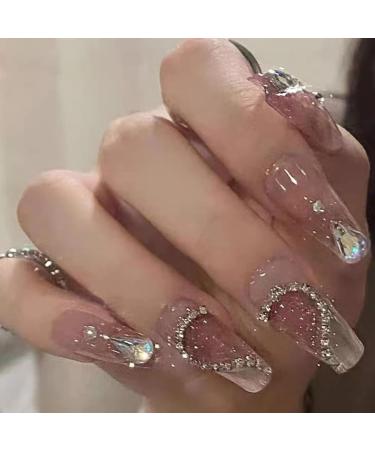 24Pcs Coffin Shape Press on Nails with Rhinestone French Designs - Medium Length Fake False Nails Ballet Nail Kit for Women and Girls - Buy Online on GoSupps.com