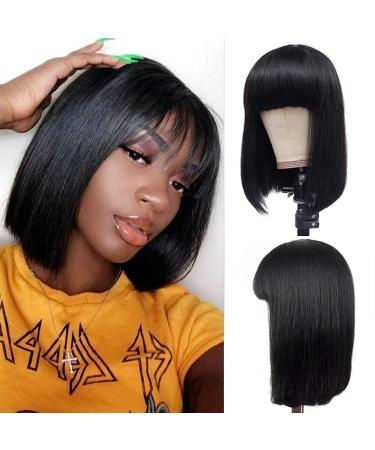 10” Short Bob Wigs Brazilian Straight Human Hair Wigs With Bangs 100% Remy Human Hair Wigs 130% Density None Lace Front Wigs Glueless Machine Made Wigs For black Women 10 Inch bob wig