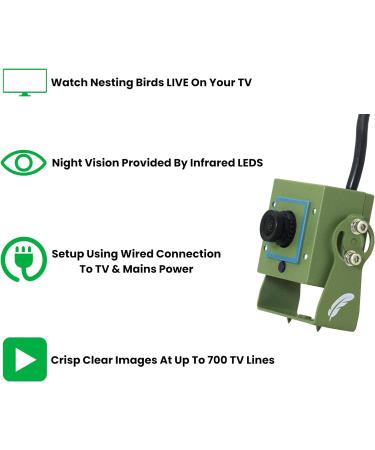 Green Feathers Wildlife 700TVL Wired Bird Box Camera with Night Vision 940nm Invisible Infrared Includes 20m Video and Power Extension Cable - Buy Online on GoSupps.com